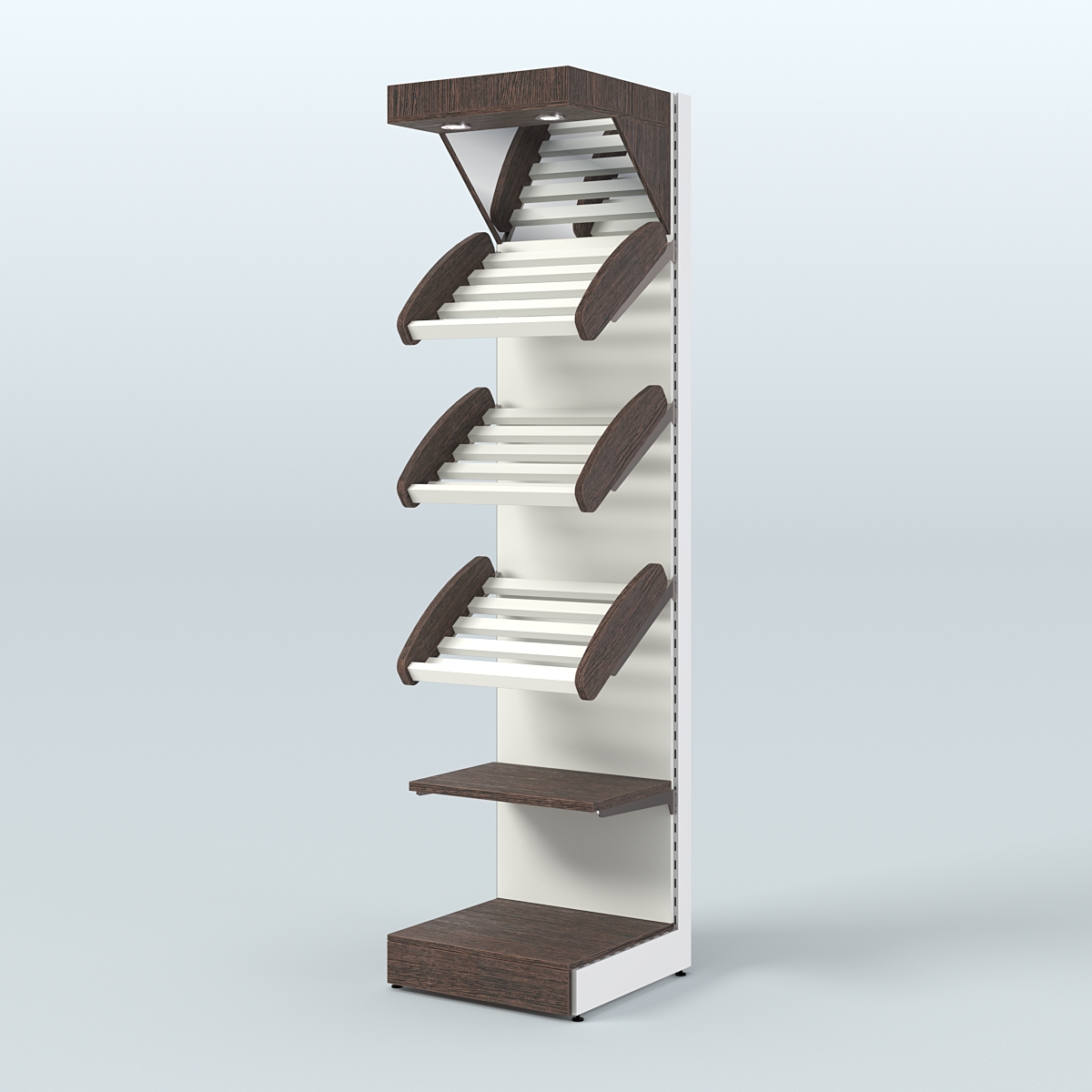 Средний стеллаж для продажи хлеба и выпечки с полками - корзинами и верхним зеркальным фризом СХФ-06 Дуб Венге + Белый