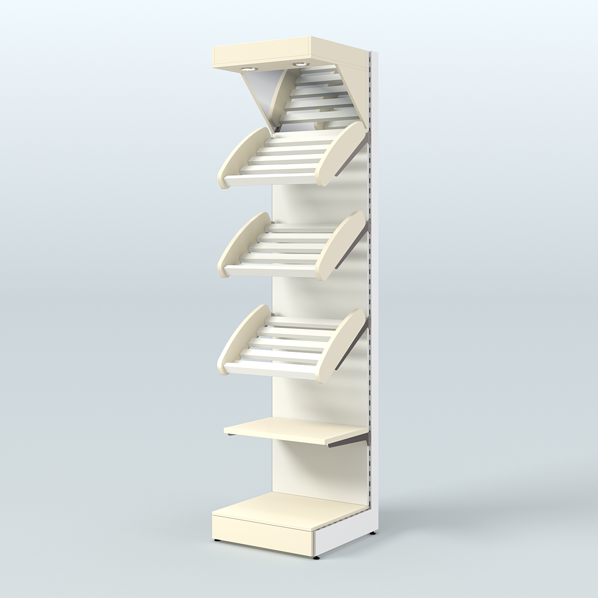 Средний стеллаж для продажи хлеба и выпечки с полками - корзинами и верхним зеркальным фризом СХФ-06 Крем Вайс + Белый