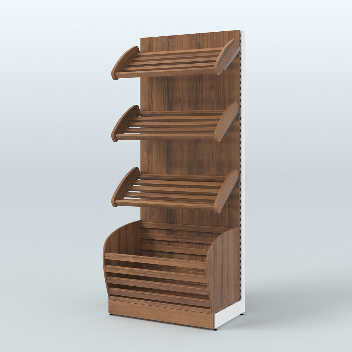 Пристенный стеллаж для продажи хлеба и выпечки с нижней корзиной - накопителем СХН-01 Орех