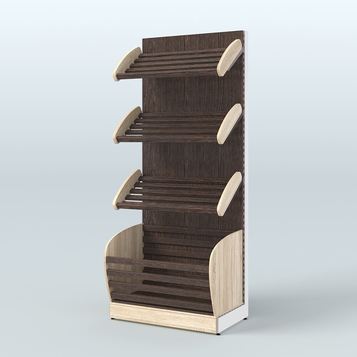 Пристенный стеллаж для продажи хлеба и выпечки с нижней корзиной - накопителем СХН-01 Дуб Сонома + Дуб Венге