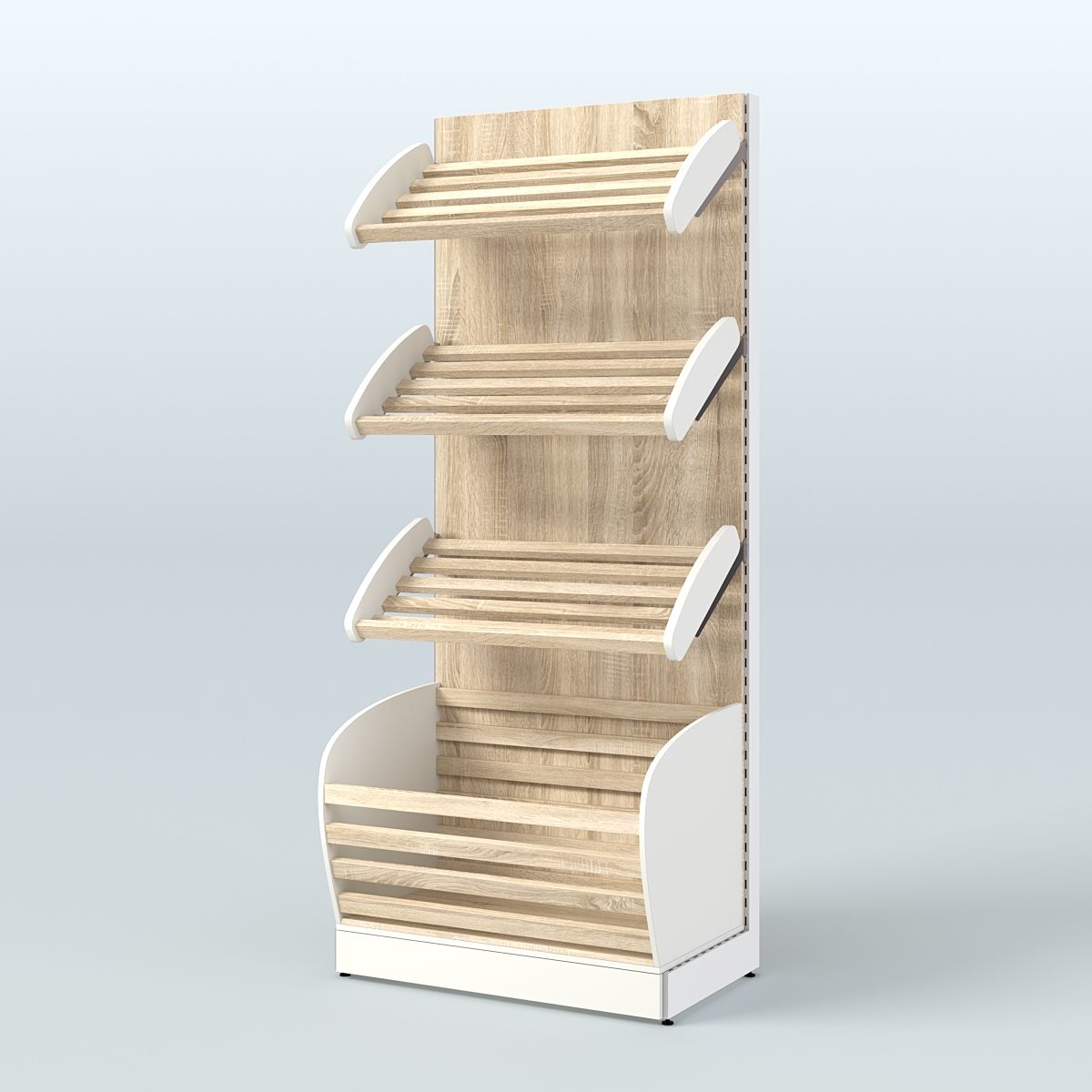 Пристенный стеллаж для продажи хлеба и выпечки с нижней корзиной - накопителем СХН-01 Белый + Дуб Сонома