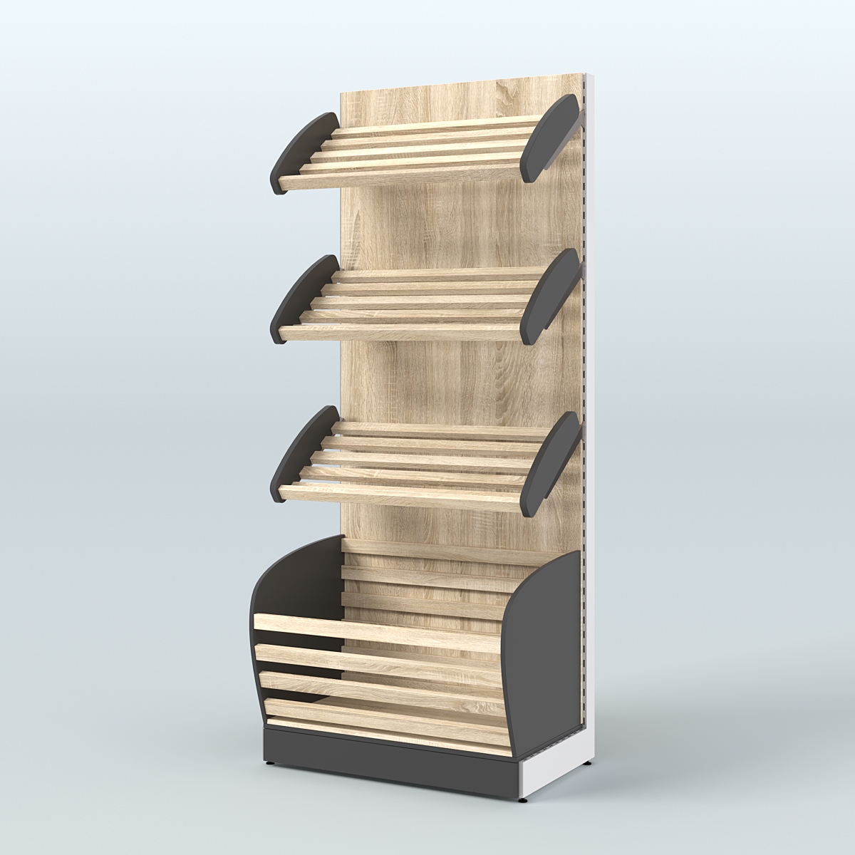 Пристенный стеллаж для продажи хлеба и выпечки с нижней корзиной - накопителем СХН-01 Черный + Дуб Сонома