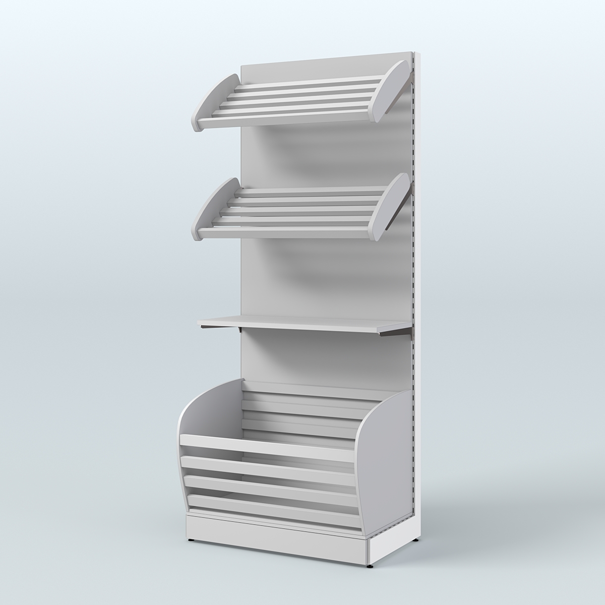 Широкий стеллаж для продажи хлеба и выпечки с нижней корзиной - накопителем СХН-02 Серый