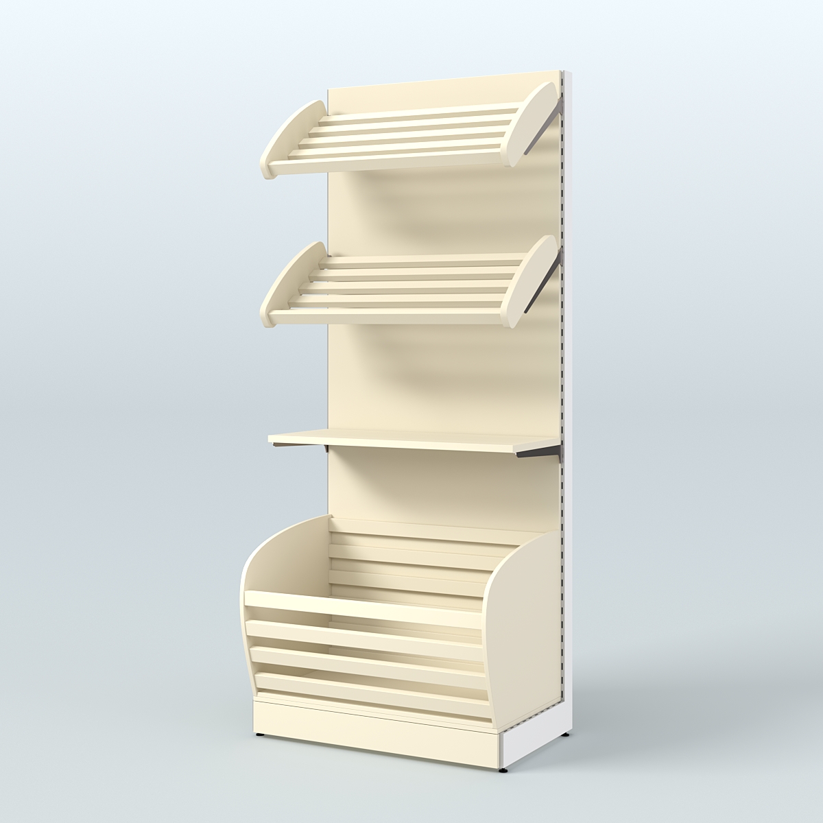 Широкий стеллаж для продажи хлеба и выпечки с нижней корзиной - накопителем СХН-02 Крем Вайс