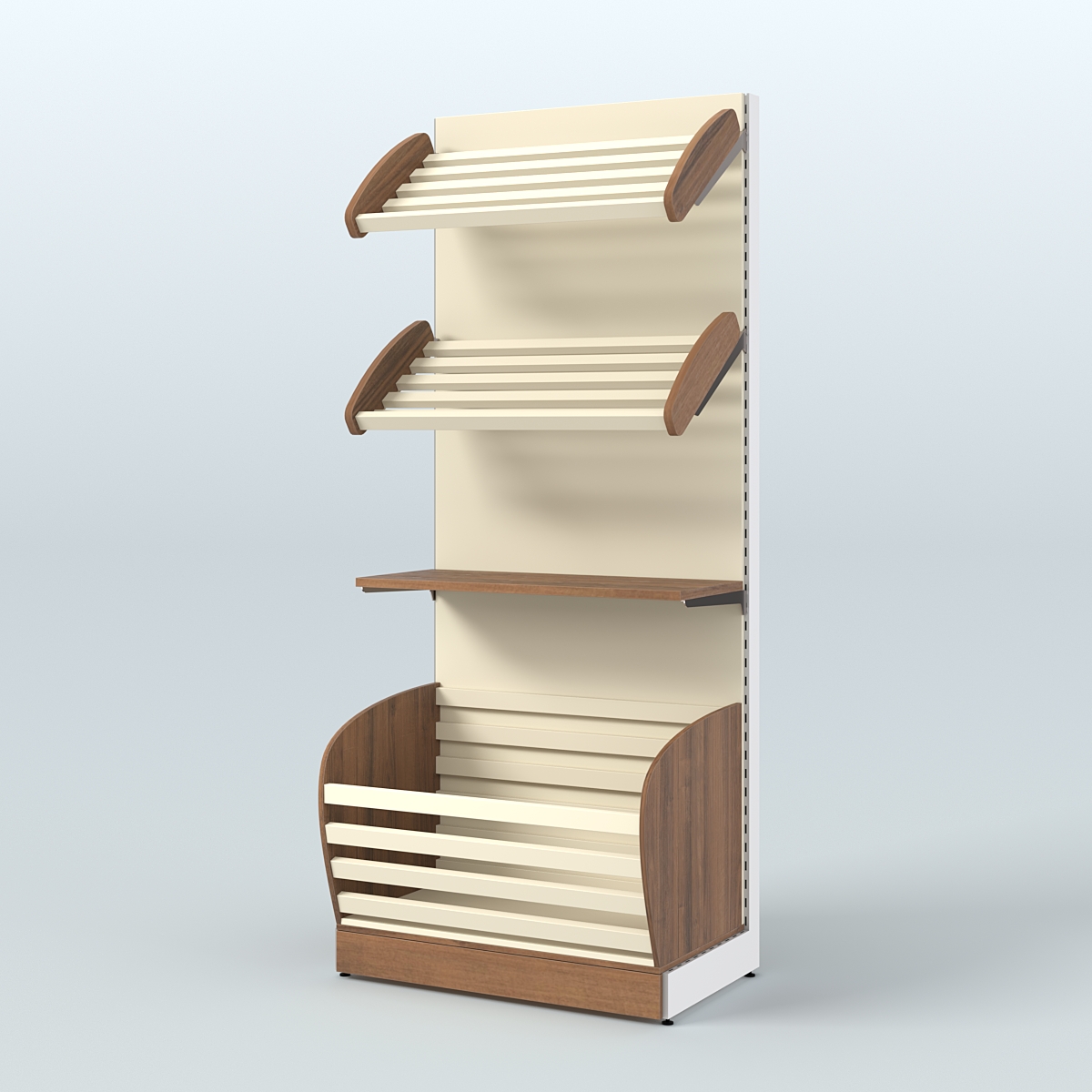 Широкий стеллаж для продажи хлеба и выпечки с нижней корзиной - накопителем СХН-02 Орех + Крем Вайс