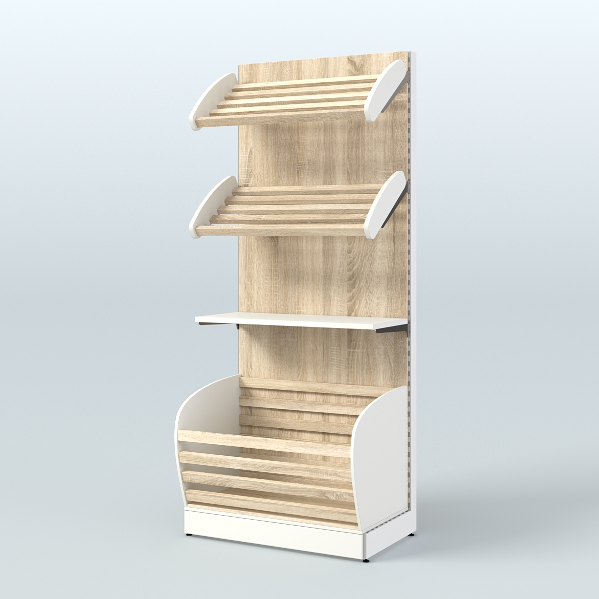 Широкий стеллаж для продажи хлеба и выпечки с нижней корзиной - накопителем СХН-02 Белый + Дуб Сонома