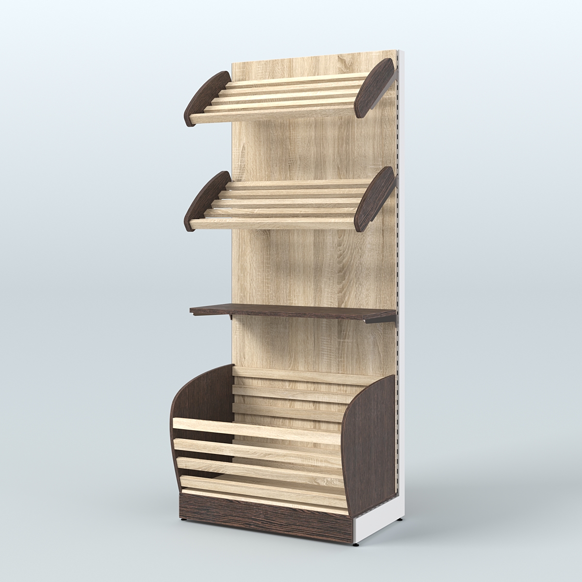 Широкий стеллаж для продажи хлеба и выпечки с нижней корзиной - накопителем СХН-02 Дуб Венге + Дуб Сонома