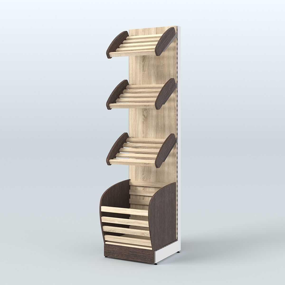 Малый стеллаж для продажи хлеба и выпечки с нижней корзиной - накопителем СХН-03 Дуб Венге + Дуб Сонома