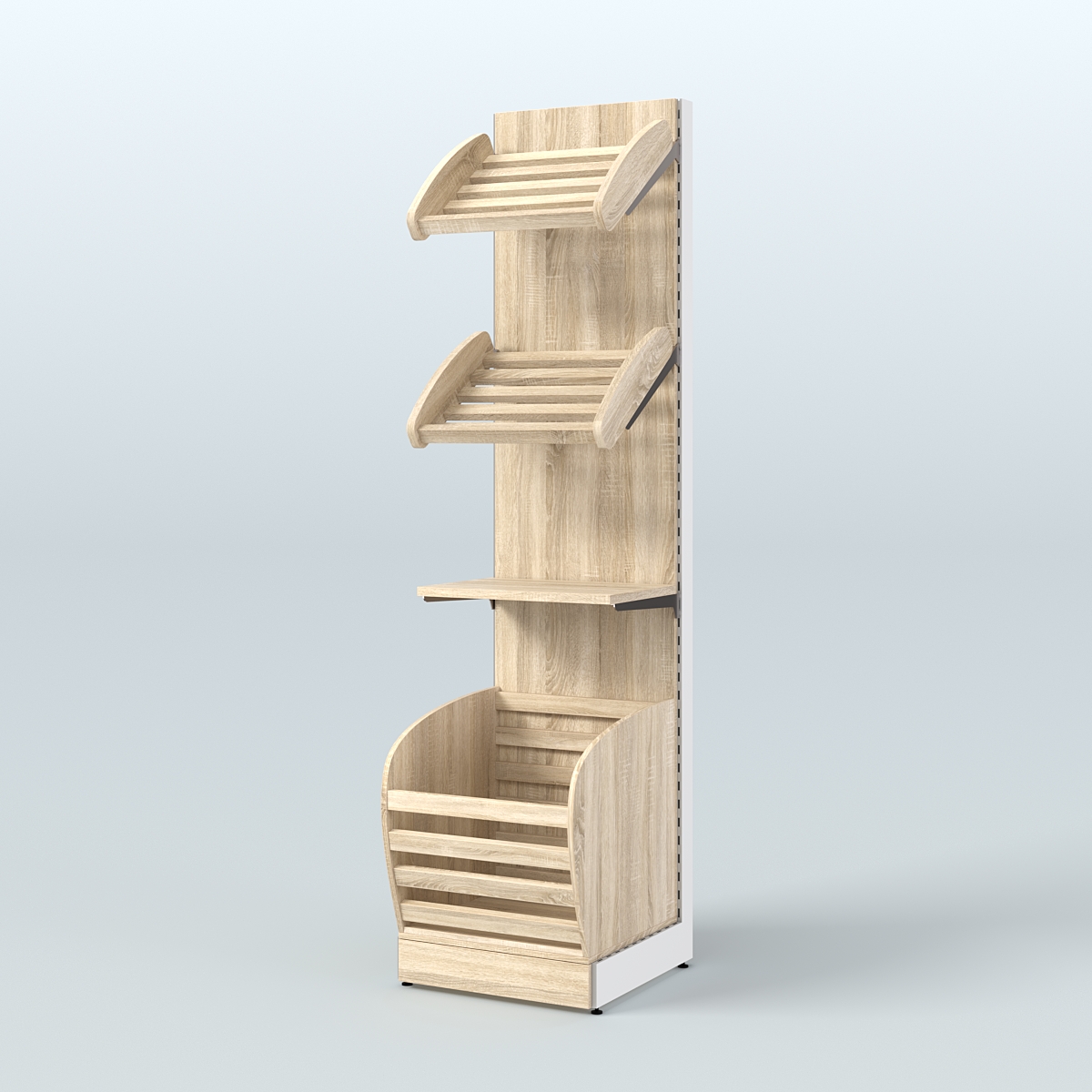 Узкий стеллаж для продажи хлеба и выпечки с нижней корзиной - накопителем СХН-04 Дуб сонома