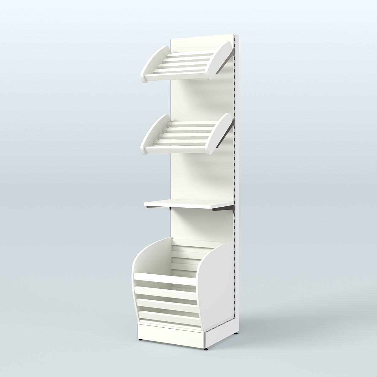 Узкий стеллаж для продажи хлеба и выпечки с нижней корзиной - накопителем СХН-04 Белый