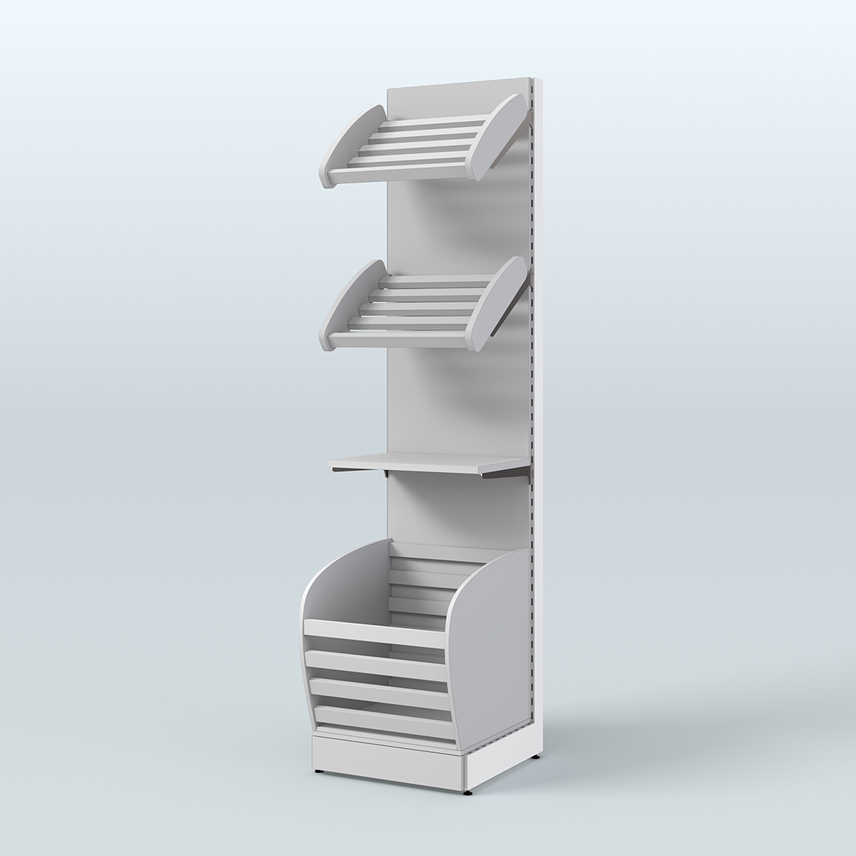 Узкий стеллаж для продажи хлеба и выпечки с нижней корзиной - накопителем СХН-04 Серый