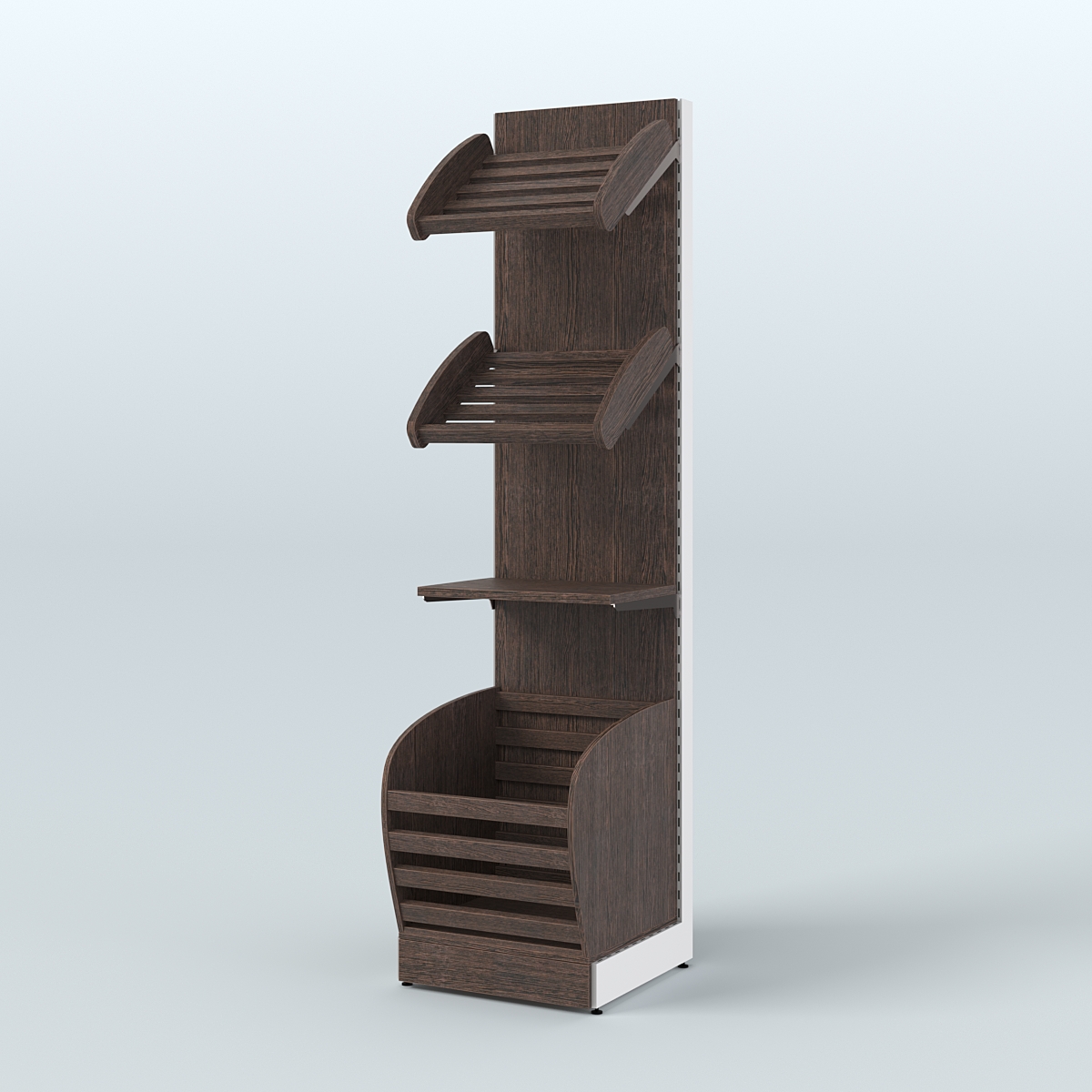 Узкий стеллаж для продажи хлеба и выпечки с нижней корзиной - накопителем СХН-04 Дуб Венге