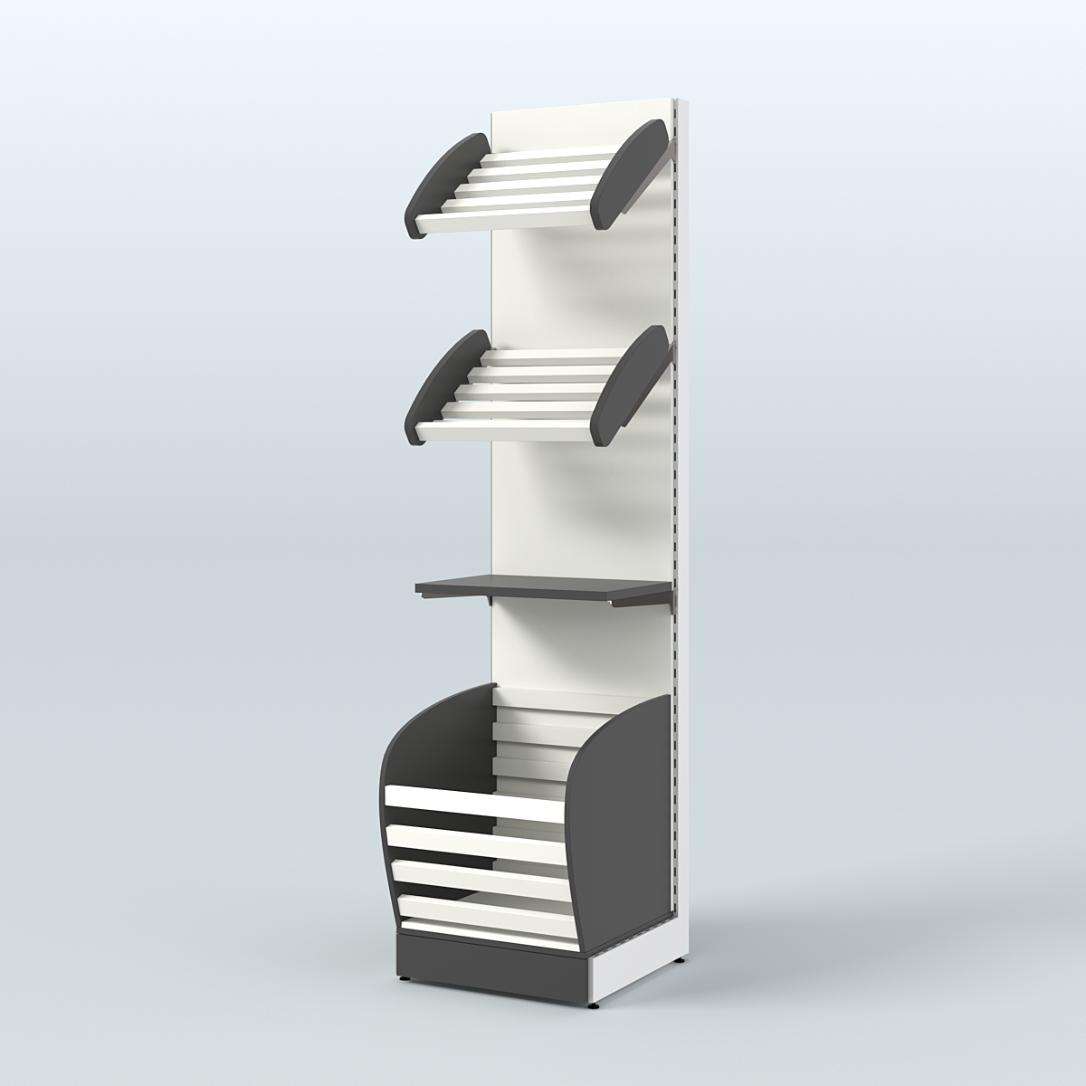 Узкий стеллаж для продажи хлеба и выпечки с нижней корзиной - накопителем СХН-04 Черный и Белый