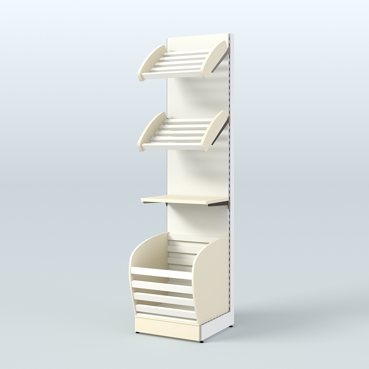 Узкий стеллаж для продажи хлеба и выпечки с нижней корзиной - накопителем СХН-04 Крем Вайс + Белый