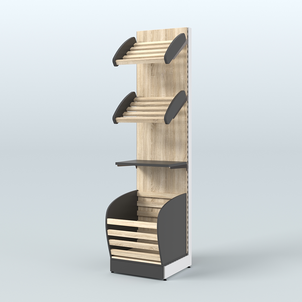 Узкий стеллаж для продажи хлеба и выпечки с нижней корзиной - накопителем СХН-04 Черный + Дуб Сонома