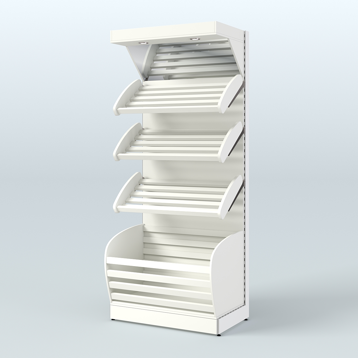 Стеллаж для продажи хлеба и выпечки с нижней корзиной - накопителем и зеркальным фризом СХНФ-01 Белый