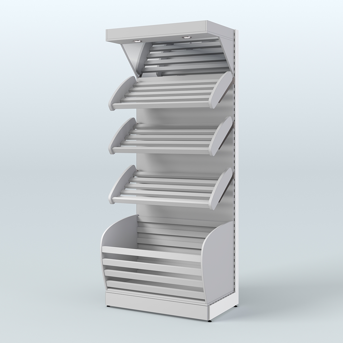 Стеллаж для продажи хлеба и выпечки с нижней корзиной - накопителем и зеркальным фризом СХНФ-01 Серый