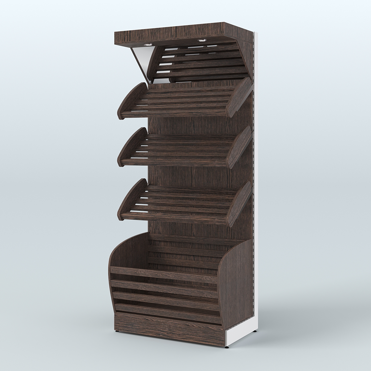 Стеллаж для продажи хлеба и выпечки с нижней корзиной - накопителем и зеркальным фризом СХНФ-01 Дуб Венге