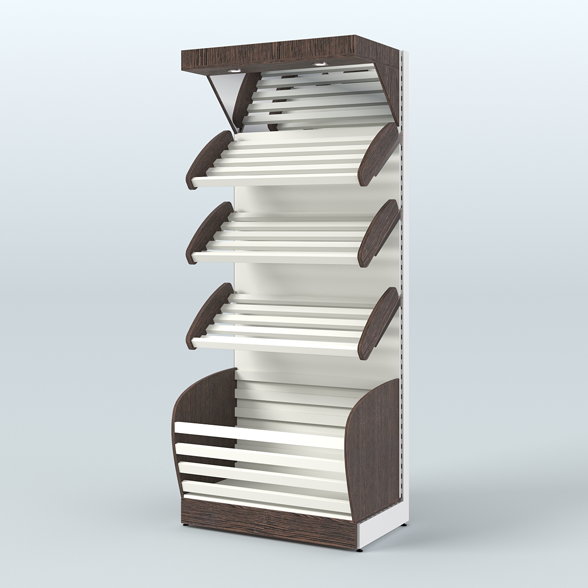 Стеллаж для продажи хлеба и выпечки с нижней корзиной - накопителем и зеркальным фризом СХНФ-01 Дуб Венге + Белый