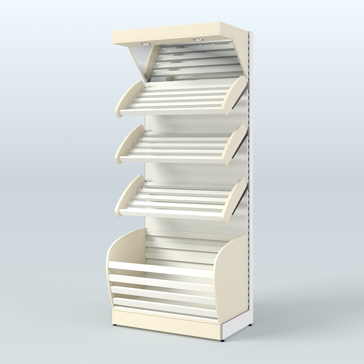 Стеллаж для продажи хлеба и выпечки с нижней корзиной - накопителем и зеркальным фризом СХНФ-01 Крем Вайс + Белый