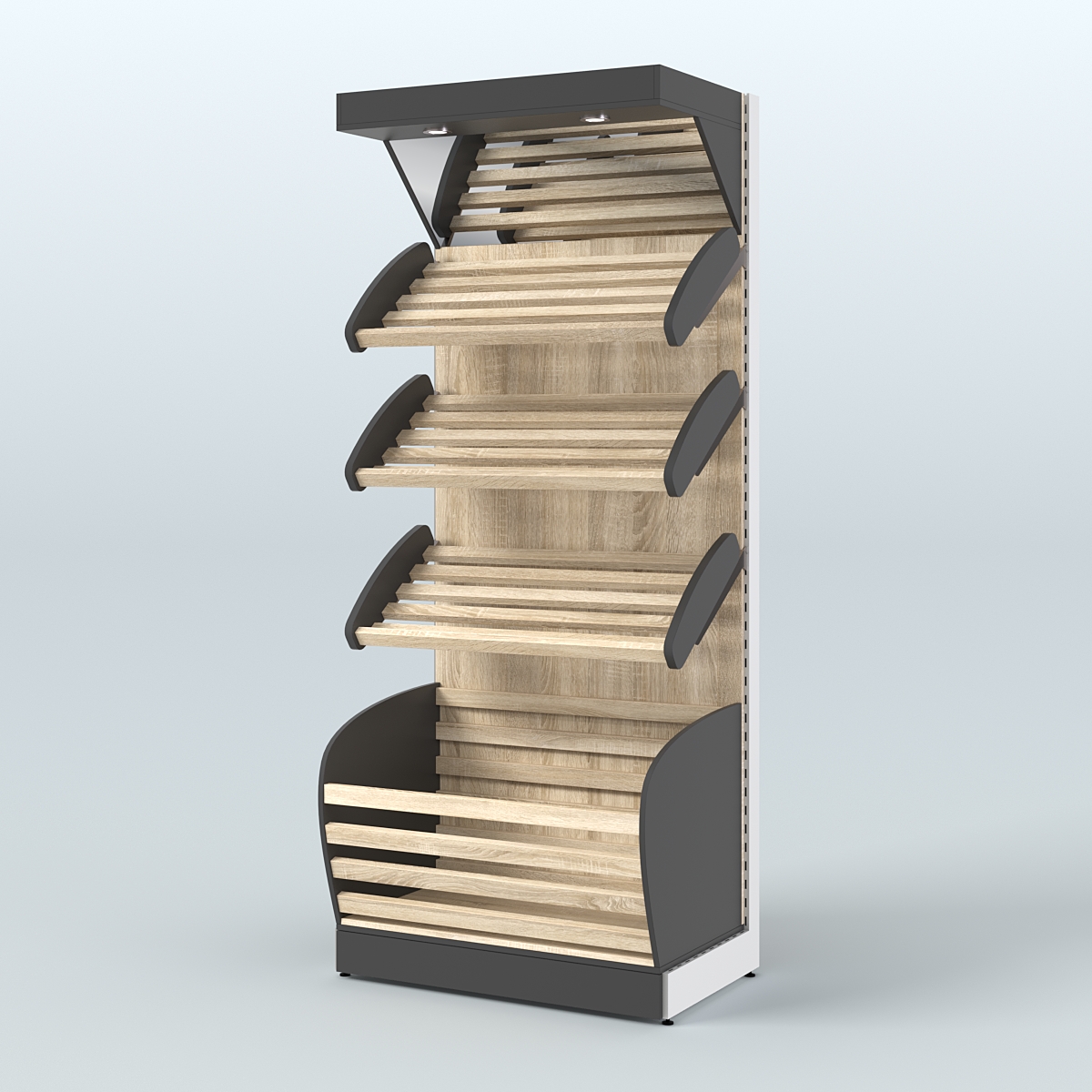 Стеллаж для продажи хлеба и выпечки с нижней корзиной - накопителем и зеркальным фризом СХНФ-01 Черный + Дуб Сонома