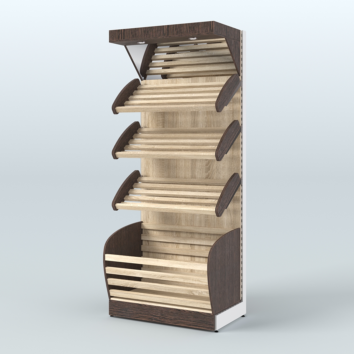 Стеллаж для продажи хлеба и выпечки с нижней корзиной - накопителем и зеркальным фризом СХНФ-01 Дуб Венге + Дуб Сонома