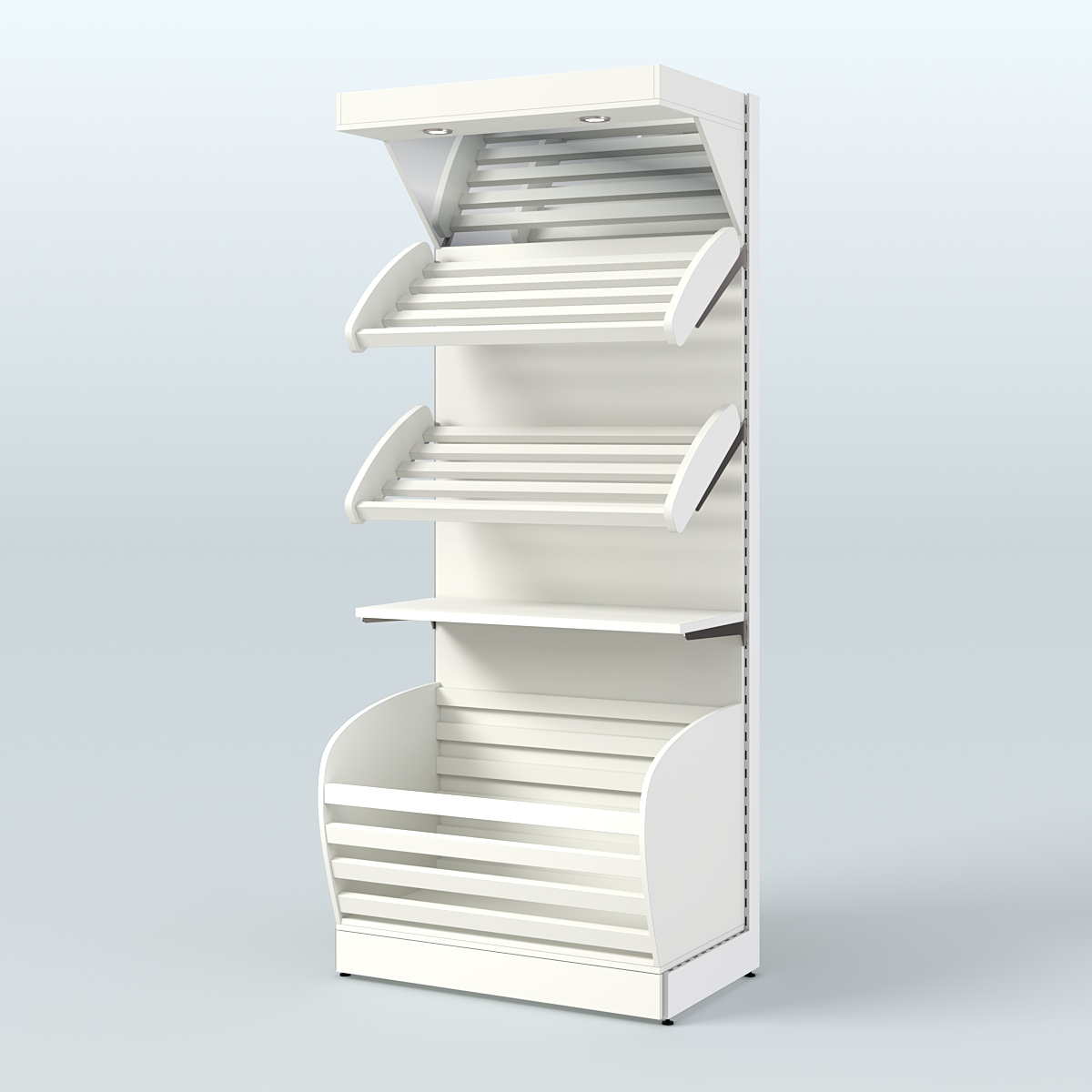 Широкий стеллаж для продажи хлеба и выпечки с нижней корзиной - накопителем и зеркальным фризом СХНФ-02 Белый