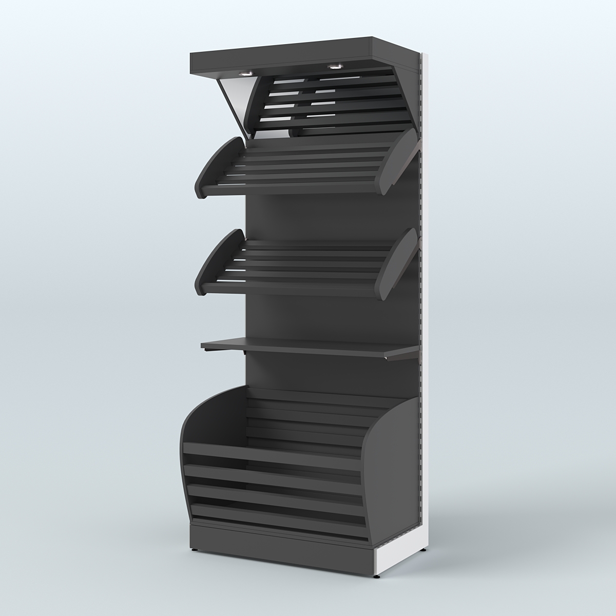 Широкий стеллаж для продажи хлеба и выпечки с нижней корзиной - накопителем и зеркальным фризом СХНФ-02 Черный