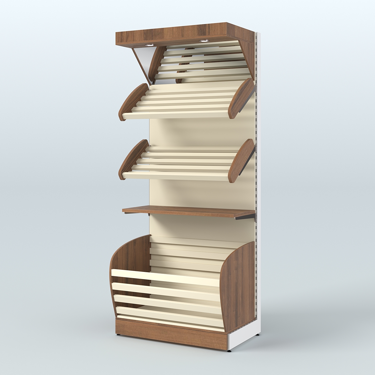 Широкий стеллаж для продажи хлеба и выпечки с нижней корзиной - накопителем и зеркальным фризом СХНФ-02 Орех + Крем Вайс