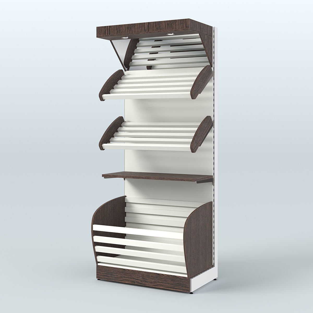 Широкий стеллаж для продажи хлеба и выпечки с нижней корзиной - накопителем и зеркальным фризом СХНФ-02 Дуб Венге + Белый