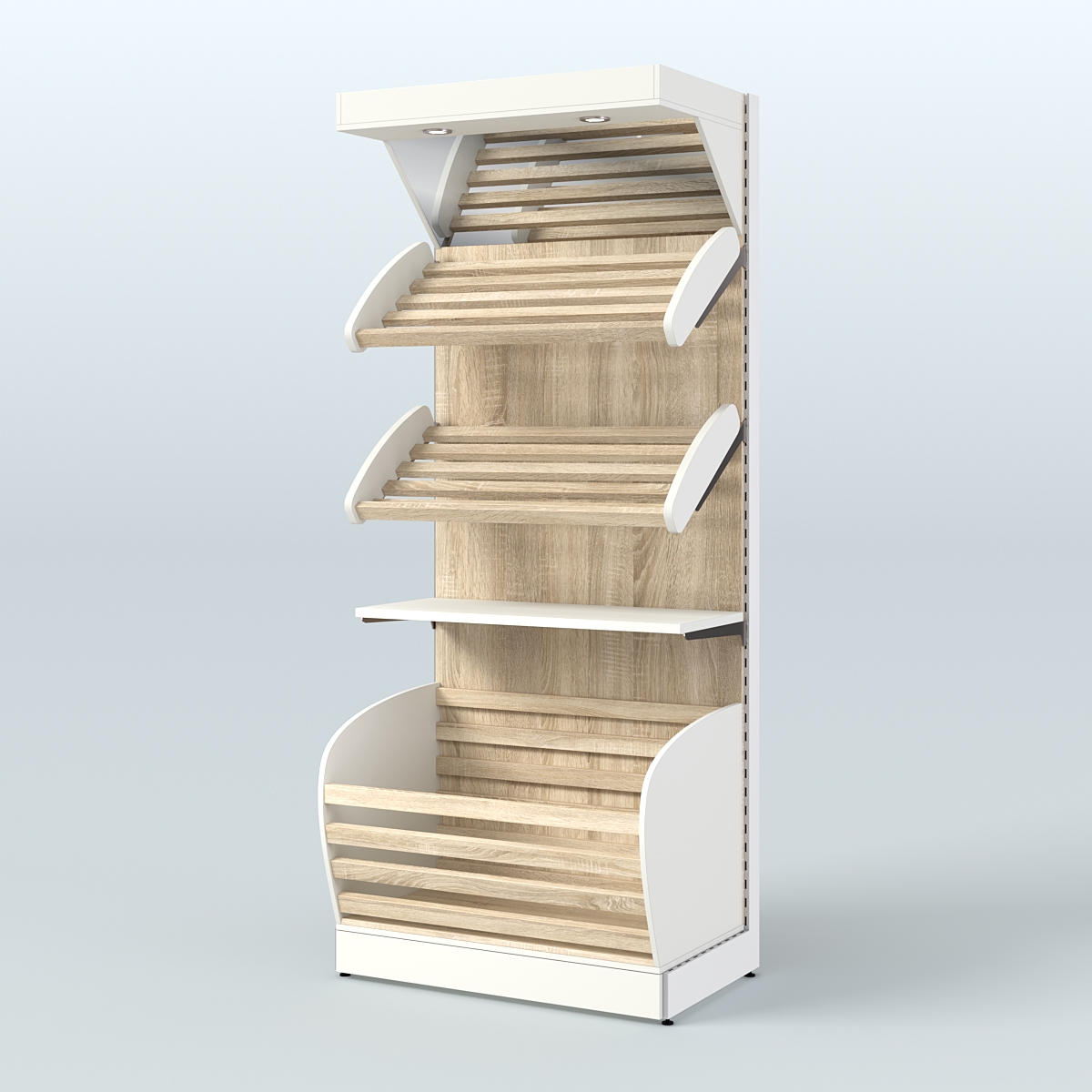 Широкий стеллаж для продажи хлеба и выпечки с нижней корзиной - накопителем и зеркальным фризом СХНФ-02 Белый + Дуб Сонома