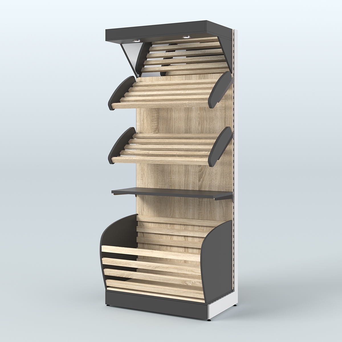 Широкий стеллаж для продажи хлеба и выпечки с нижней корзиной - накопителем и зеркальным фризом СХНФ-02 Черный + Дуб Сонома