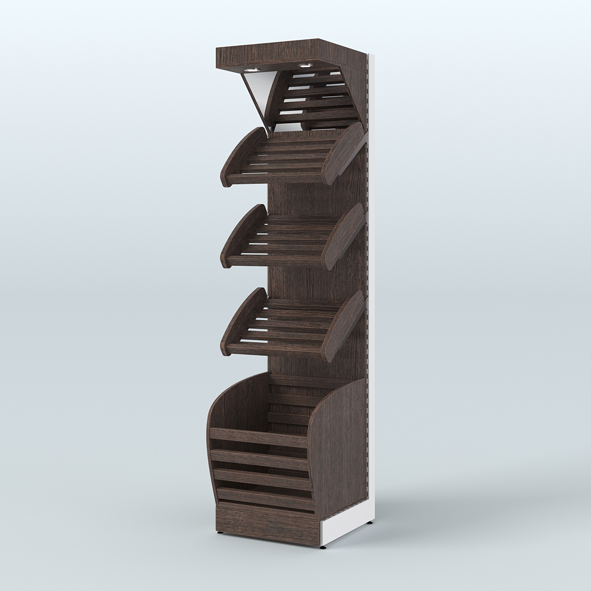 Пристенный стеллаж для продажи хлеба и выпечки с нижней корзиной и зеркальным фризом СХНФ-03 Дуб Венге