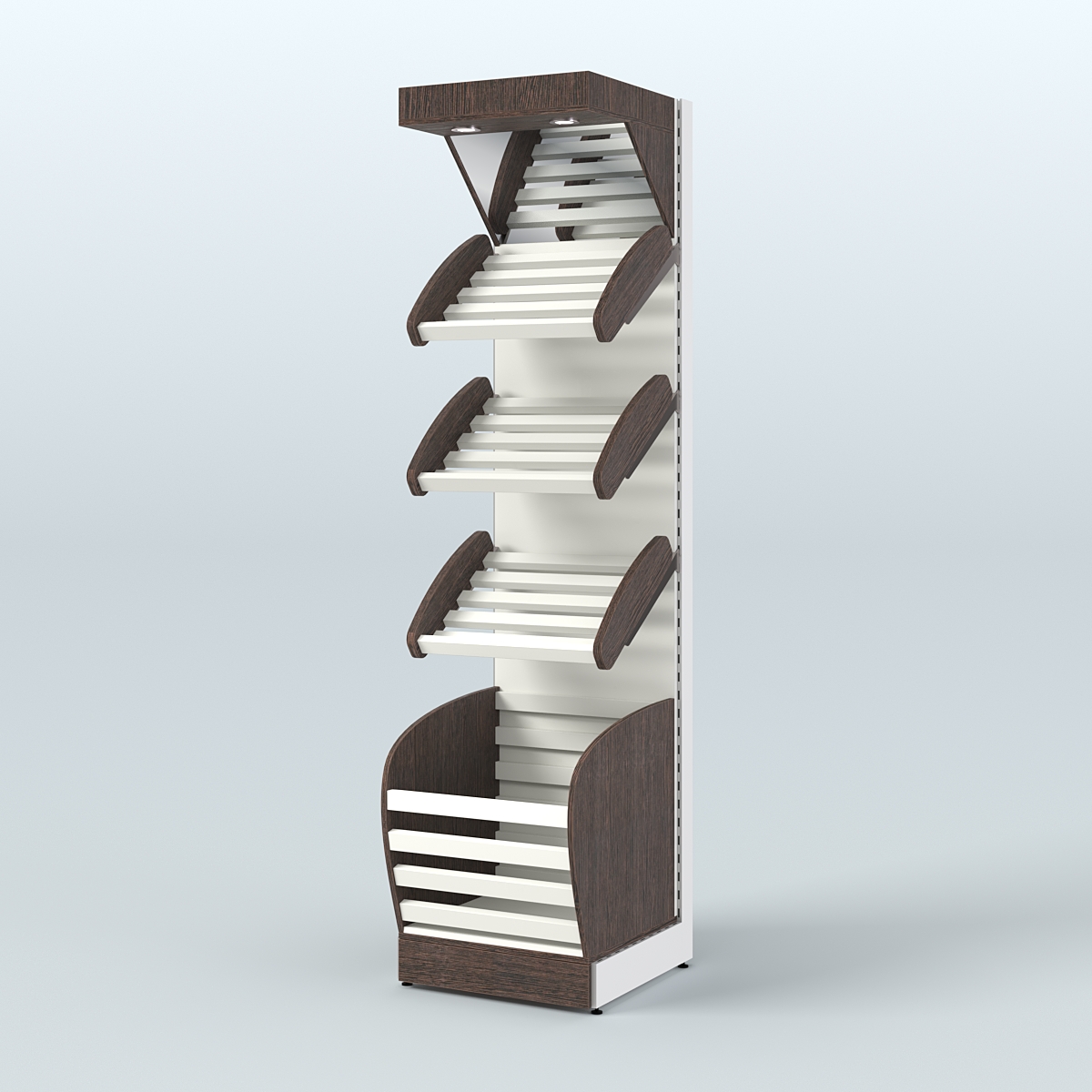 Пристенный стеллаж для продажи хлеба и выпечки с нижней корзиной и зеркальным фризом СХНФ-03 Дуб Венге + Белый