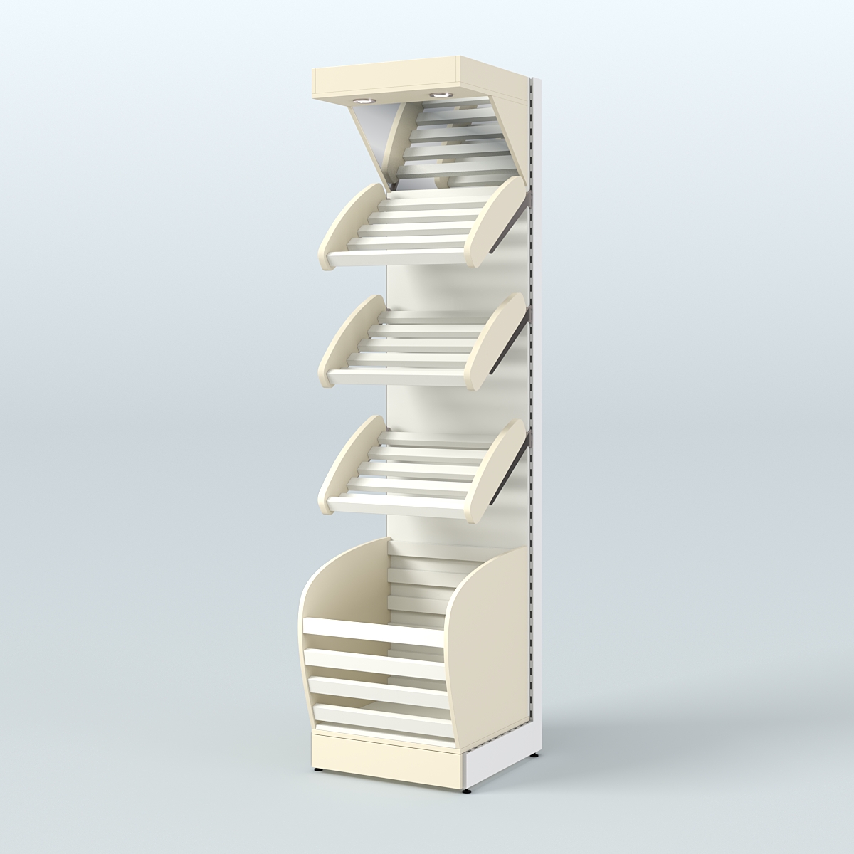 Пристенный стеллаж для продажи хлеба и выпечки с нижней корзиной и зеркальным фризом СХНФ-03 Крем Вайс + Белый