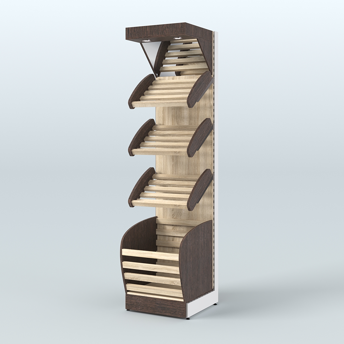 Пристенный стеллаж для продажи хлеба и выпечки с нижней корзиной и зеркальным фризом СХНФ-03 Дуб Венге + Дуб Сонома