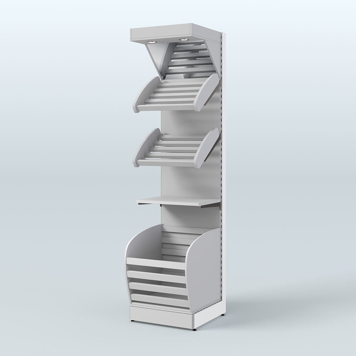 Узкий стеллаж для продажи хлеба и выпечки с нижней корзиной - накопителем и зеркальным фризом СХНФ-04 Серый