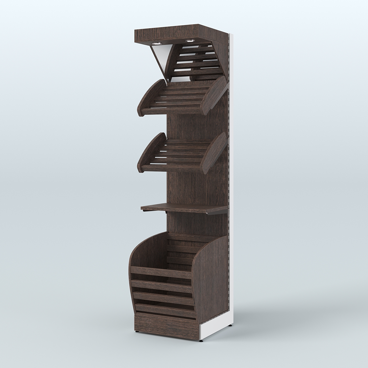 Узкий стеллаж для продажи хлеба и выпечки с нижней корзиной - накопителем и зеркальным фризом СХНФ-04 Дуб Венге