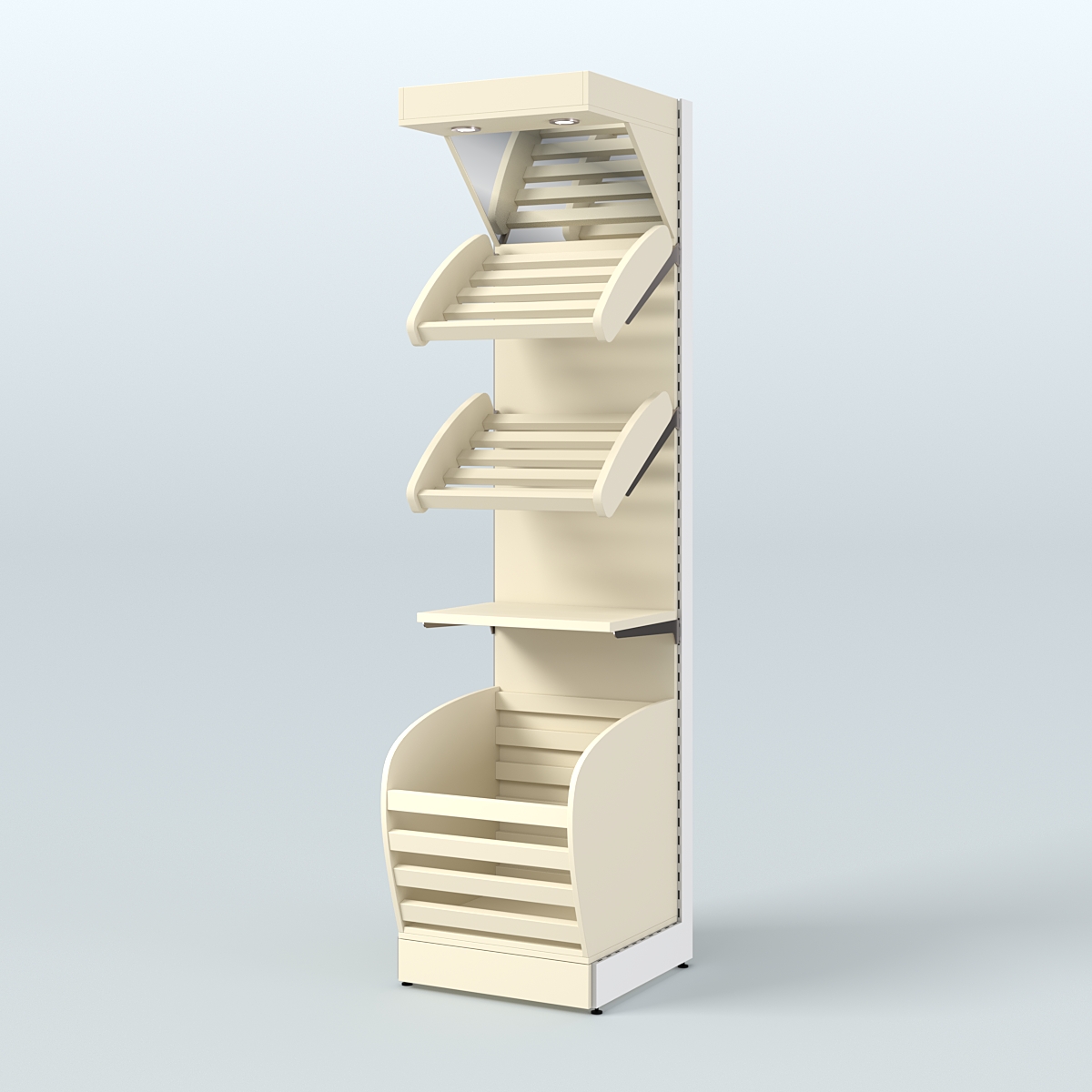 Узкий стеллаж для продажи хлеба и выпечки с нижней корзиной - накопителем и зеркальным фризом СХНФ-04 Крем Вайс