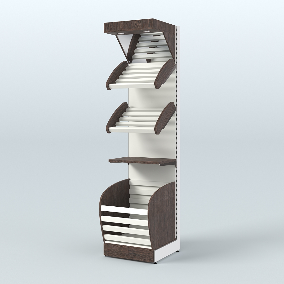 Узкий стеллаж для продажи хлеба и выпечки с нижней корзиной - накопителем и зеркальным фризом СХНФ-04 Дуб Венге + Белый