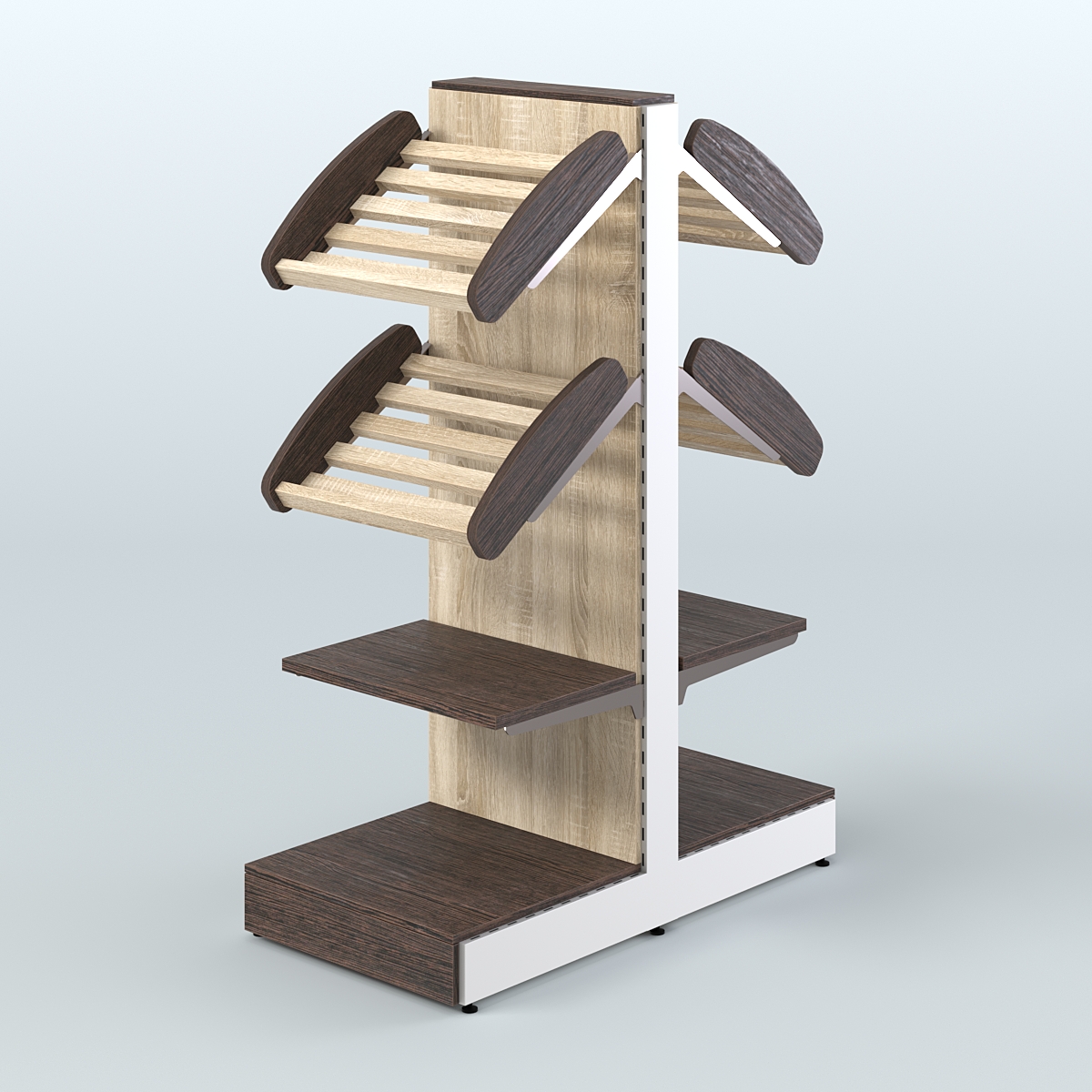 Низкий островной стеллаж с наклонными и прямыми полками для хлеба и выпечки СХОН-04 Дуб Венге + Дуб Сонома