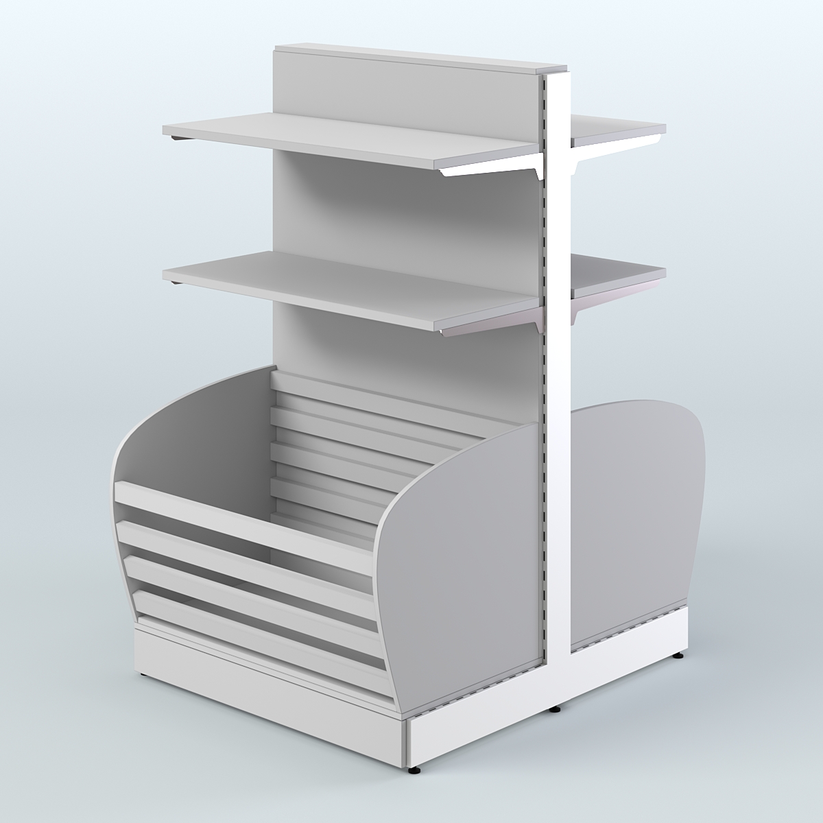 Низкий островной стеллаж с накопителем и прямыми полками для хлеба и выпечки СХОН-06 Серый