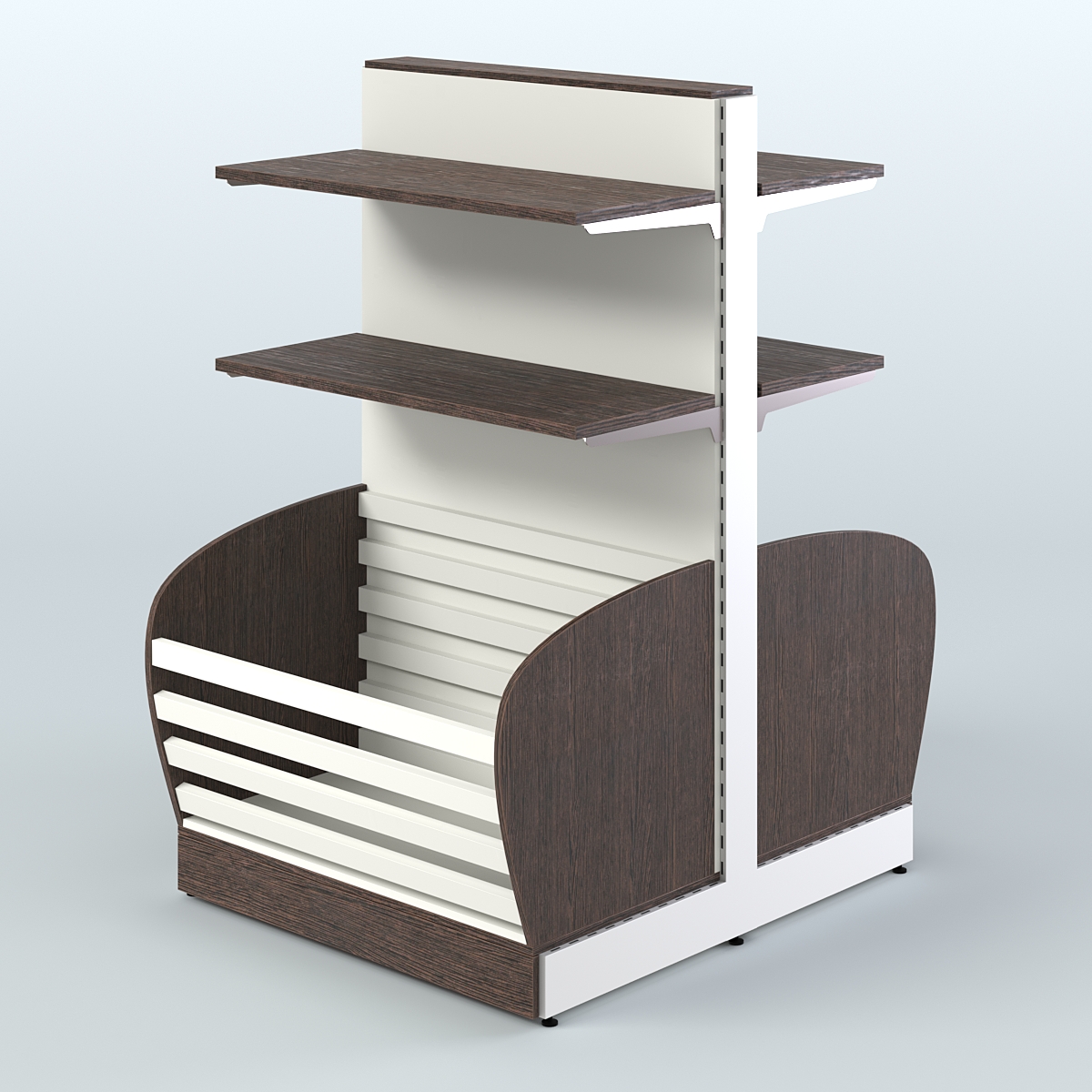 Низкий островной стеллаж с накопителем и прямыми полками для хлеба и выпечки СХОН-06 Дуб Венге + Белый