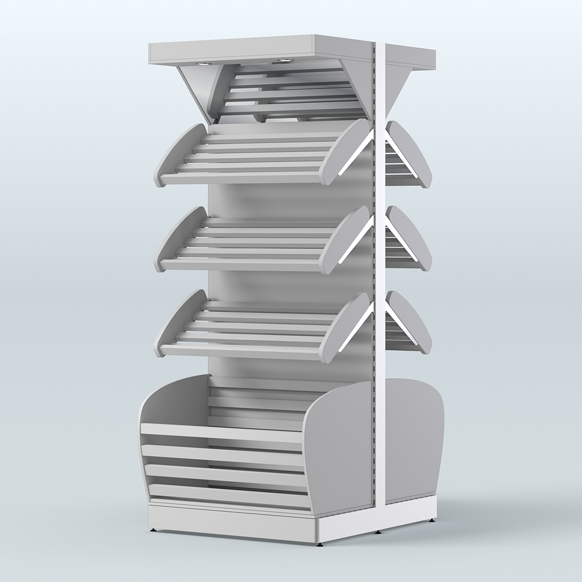 Объемный островной стеллаж для хлеба и выпечки с накопителем и фризом СХОВНФ-01 Серый