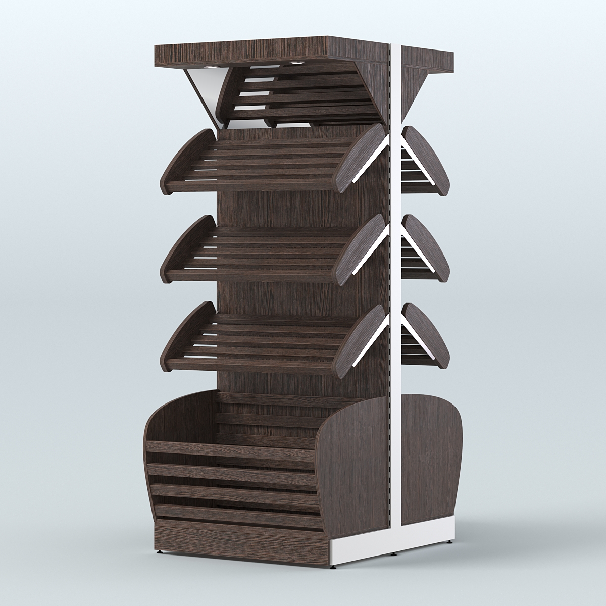 Объемный островной стеллаж для хлеба и выпечки с накопителем и фризом СХОВНФ-01 Дуб Венге