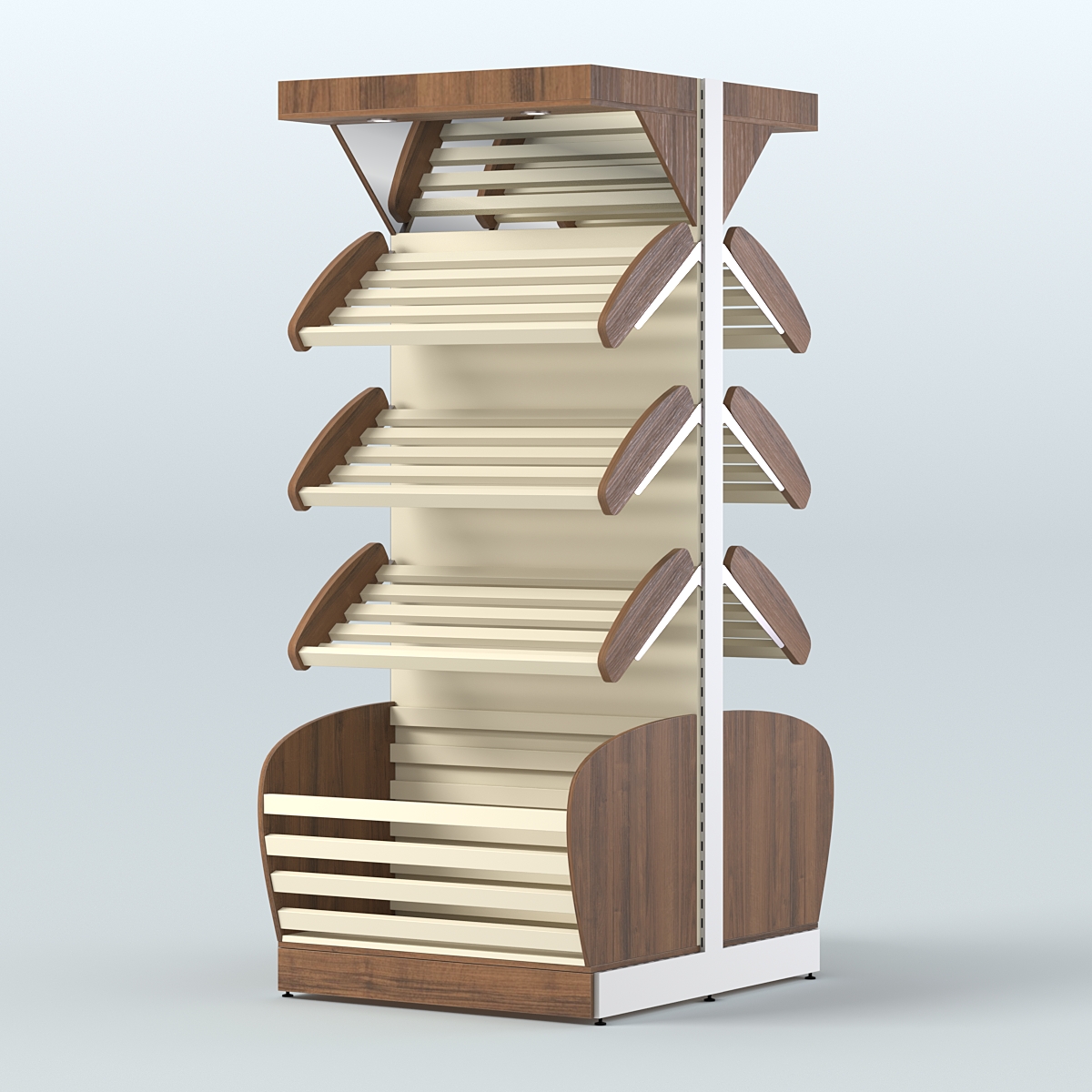 Объемный островной стеллаж для хлеба и выпечки с накопителем и фризом СХОВНФ-01 Орех + Крем Вайс