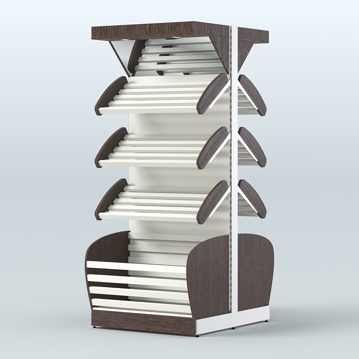 Объемный островной стеллаж для хлеба и выпечки с накопителем и фризом СХОВНФ-01 Дуб Венге + Белый