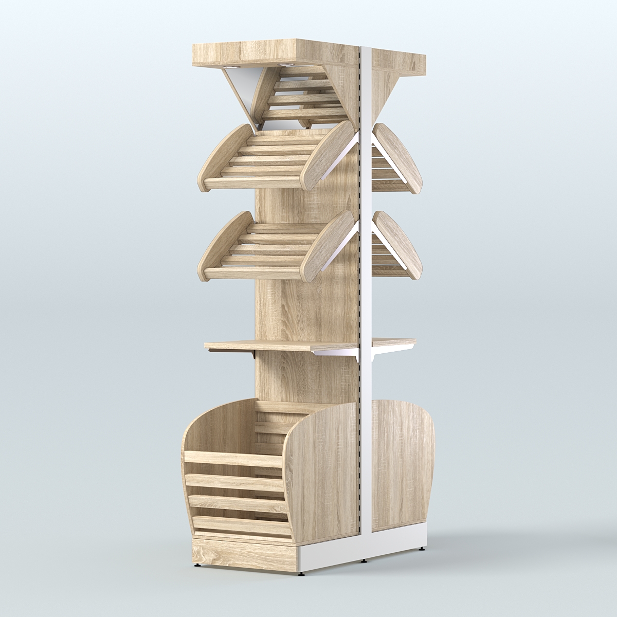 Узкий островной стеллаж в центр зала для хлеба и выпечки с накопителем и фризом СХОВНФ-04 Дуб сонома