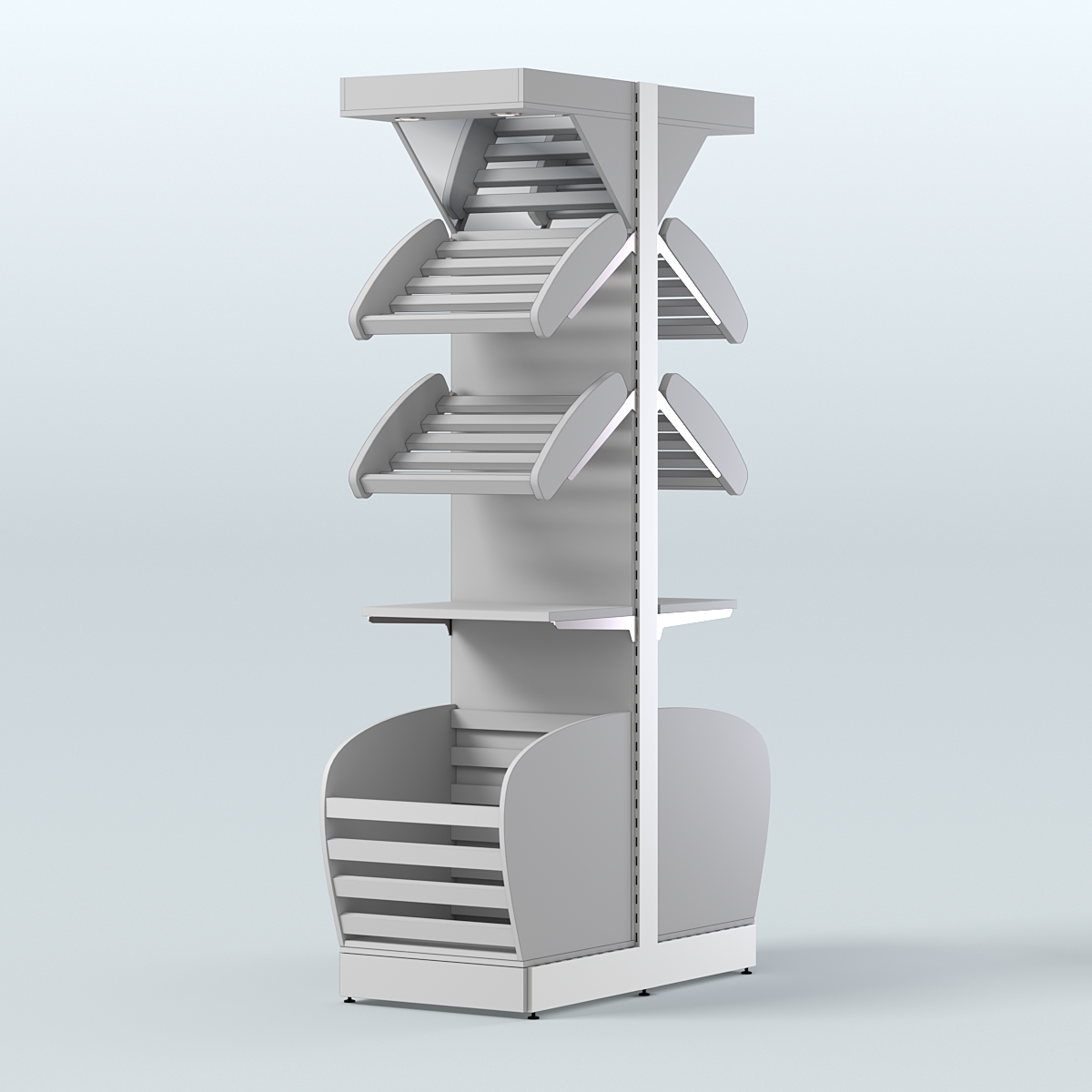 Узкий островной стеллаж в центр зала для хлеба и выпечки с накопителем и фризом СХОВНФ-04 Серый