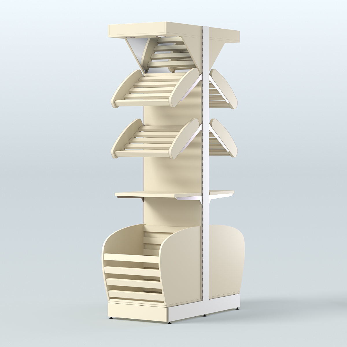 Узкий островной стеллаж в центр зала для хлеба и выпечки с накопителем и фризом СХОВНФ-04 Крем Вайс